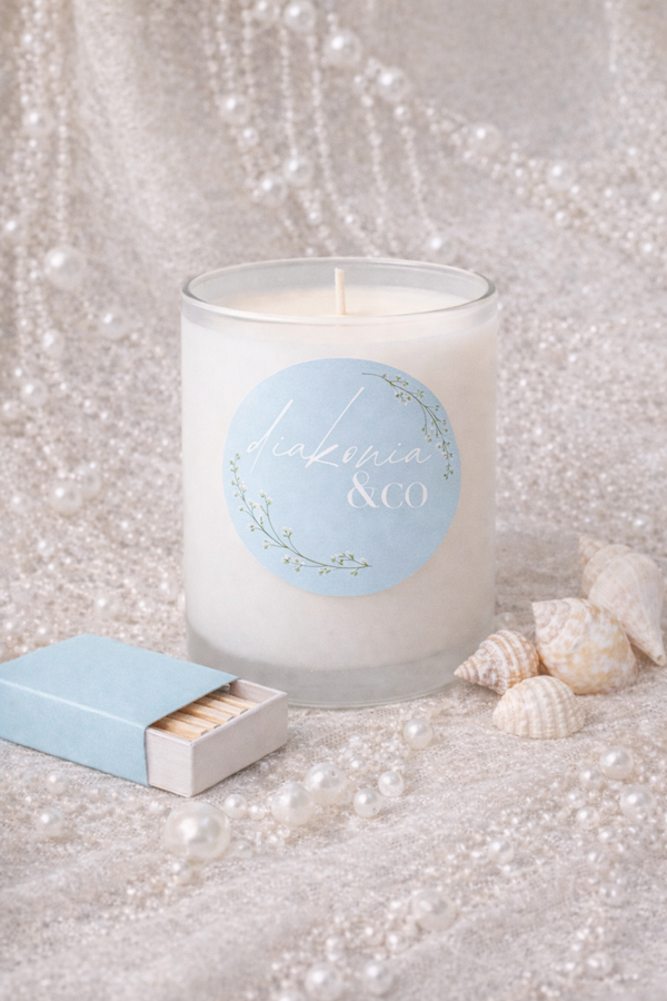 Candle with a blue label and matchbox on a textured surface with pearls and shells.