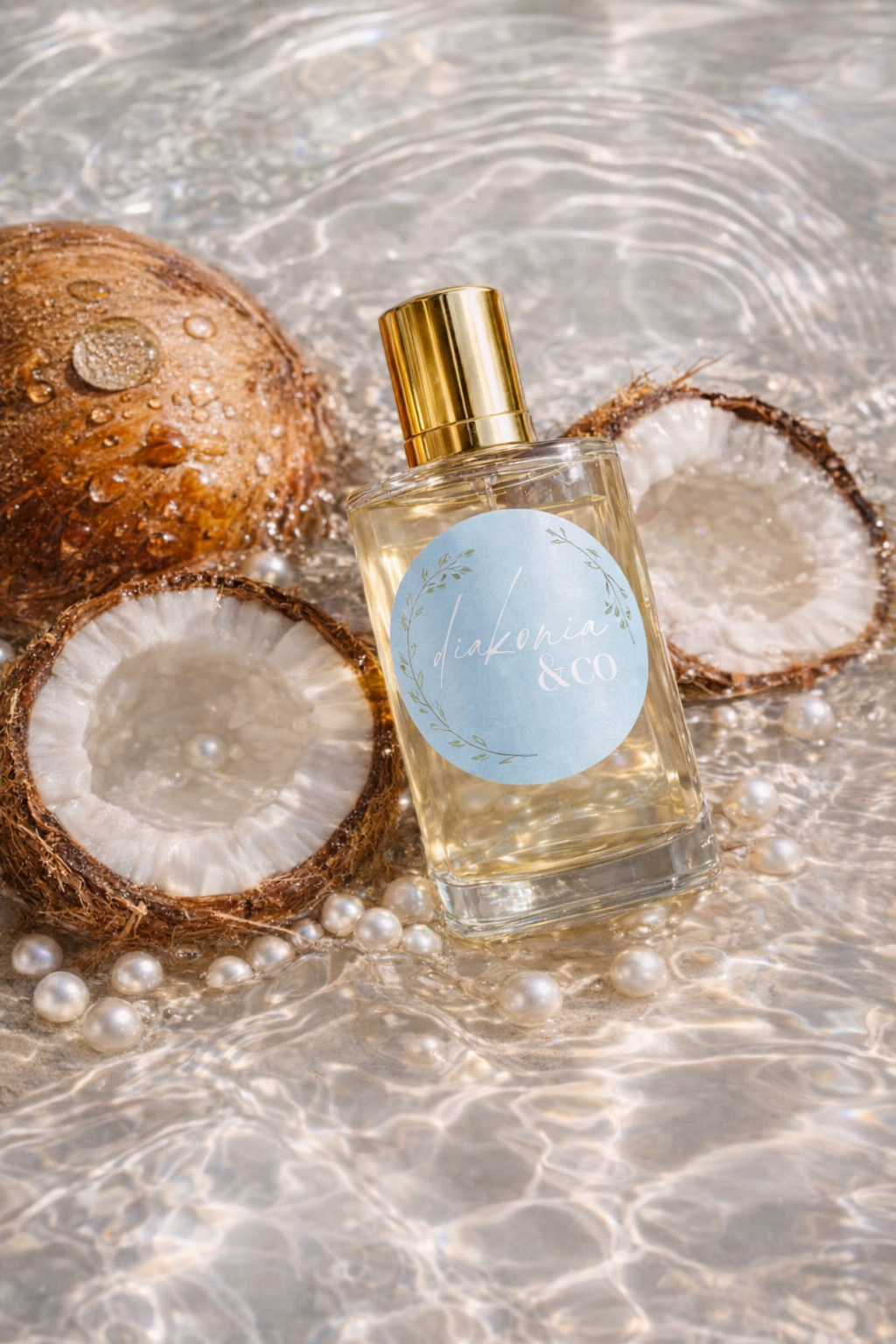 Perfume bottle surrounded by coconuts and pearls on a reflective surface