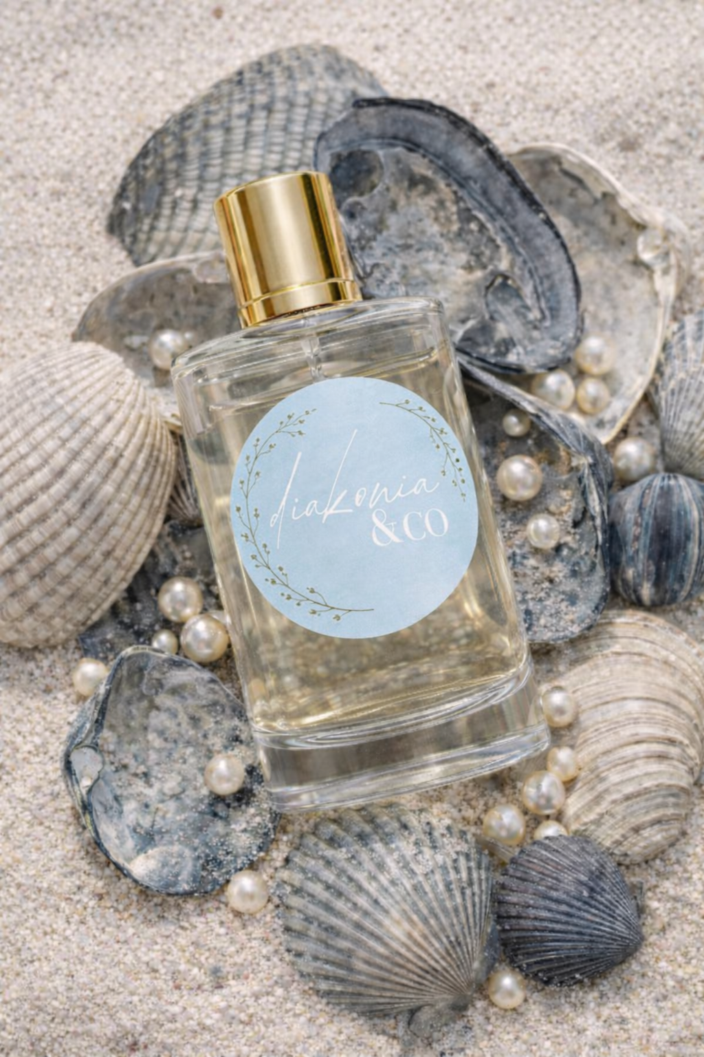 Perfume bottle with a label on a sandy background with shells and pearls