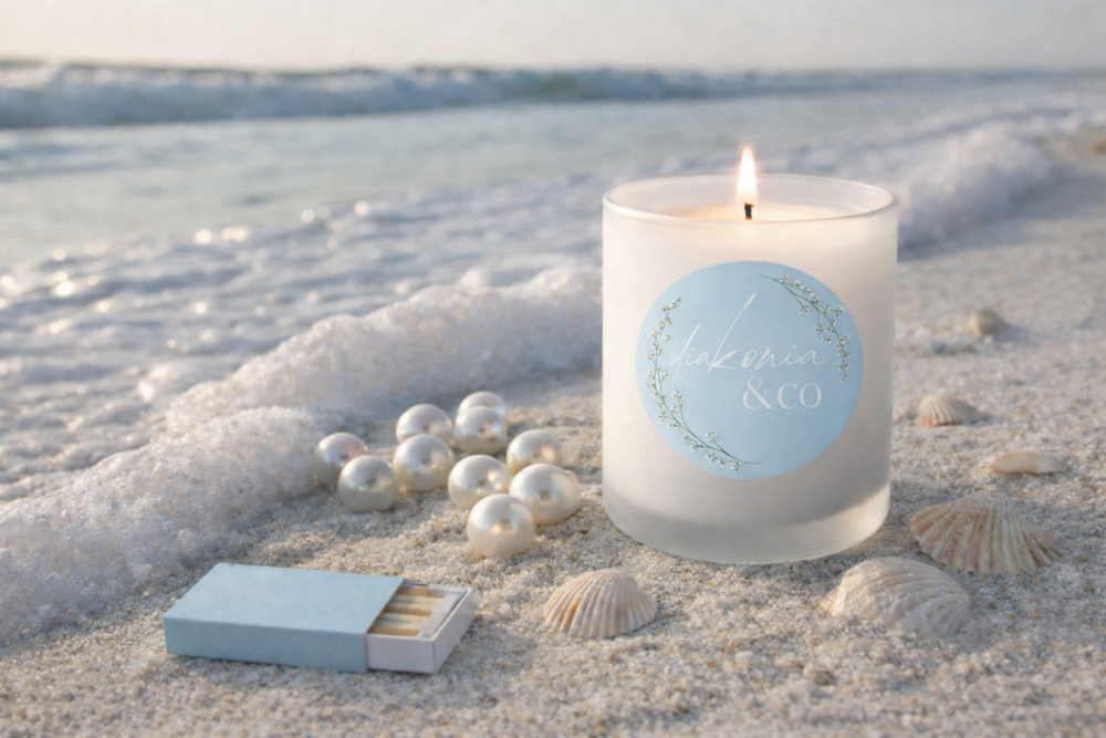 Candle with a decorative label on sand near water
