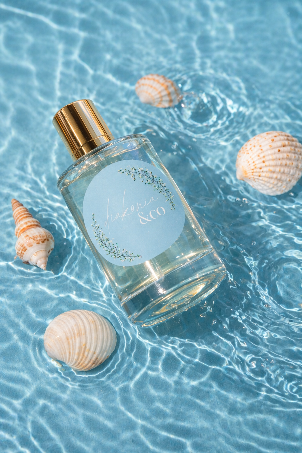 Glass bottle with gold cap on a blue water background with seashells