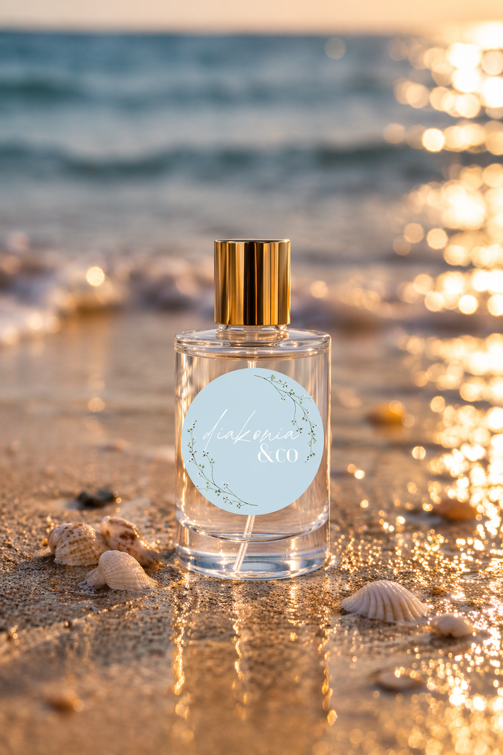 Perfume bottle with a gold cap on a beach at sunset