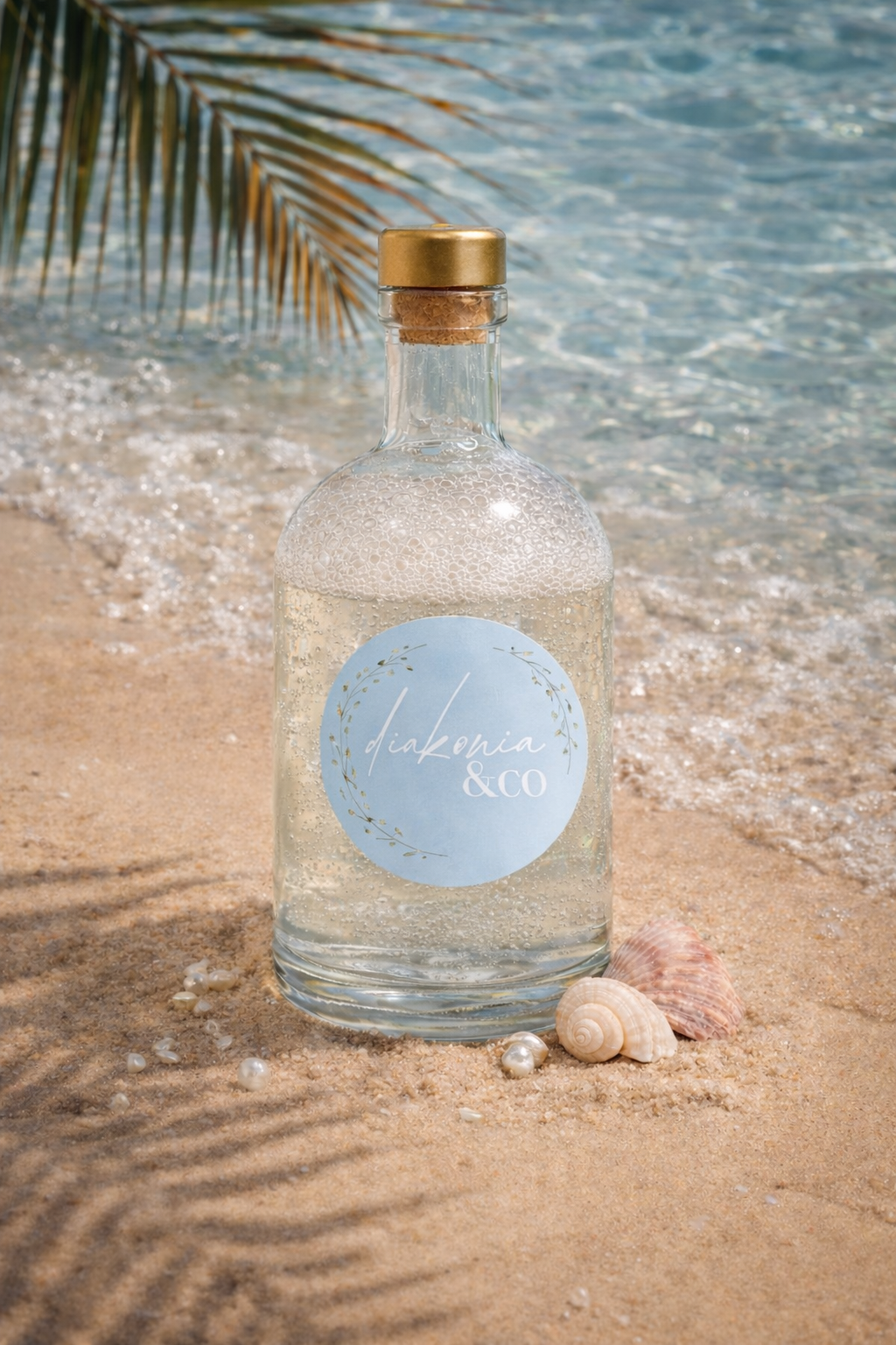 Bubble bath soap bottle with cork lid on a sandy beach with ocean in the background