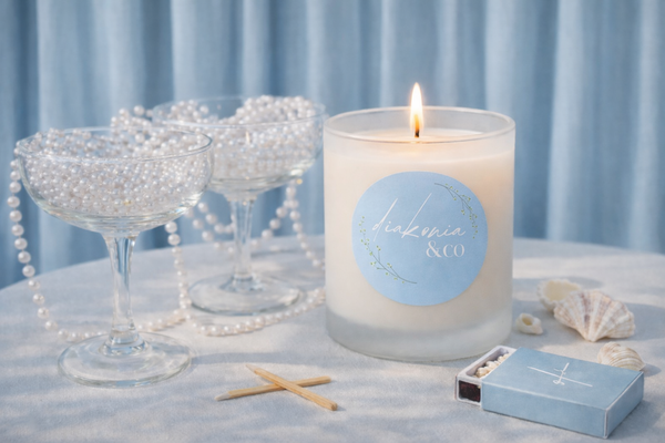Candle with a blue label on a table with decorative items
