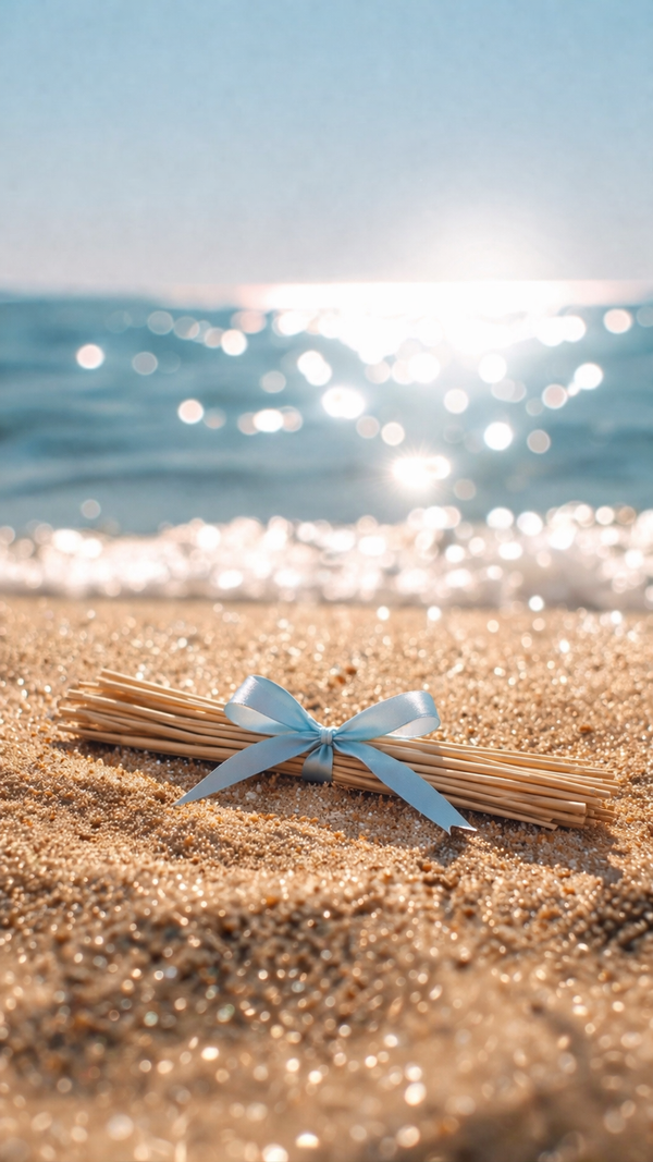 Reed diffuser rods wrapped in a blue bow sitting on a beach