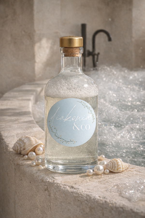 Bubble bath bottle with a label on a stone surface near a bathtub filled with bubbles