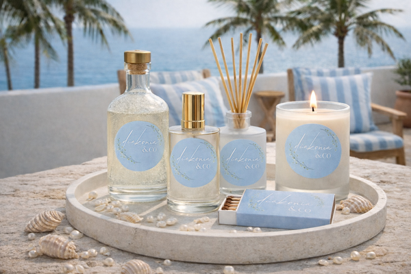 Set of decorative items including bottles, candles, and a diffuser on a tray with a coastal background.