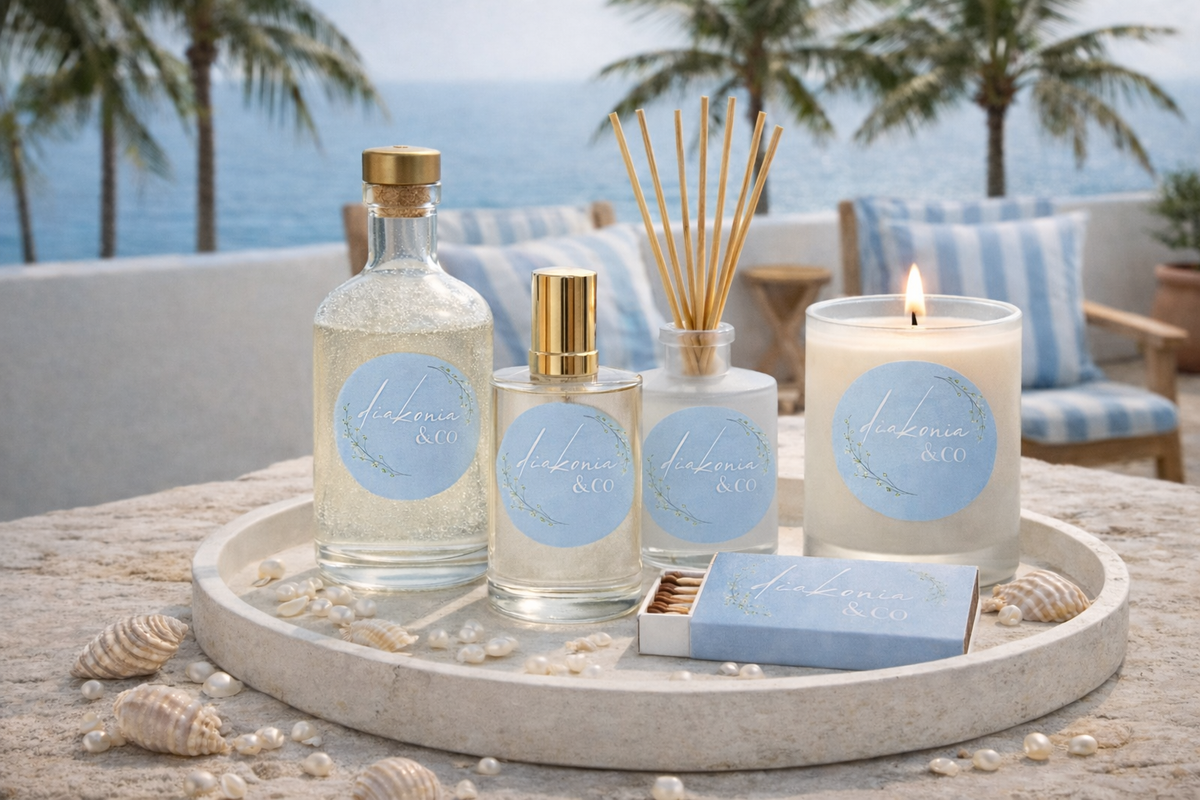 Set of decorative items including bottles, candles, and a diffuser on a tray with a coastal background.